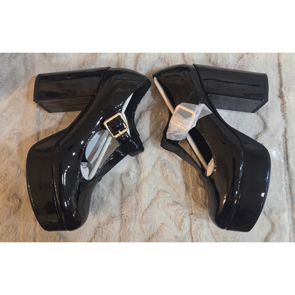 Black Patent T-Strap Platform Mary Jane Pumps Chunky Block Heel Gothic Size 6 - Picture 12 of 16